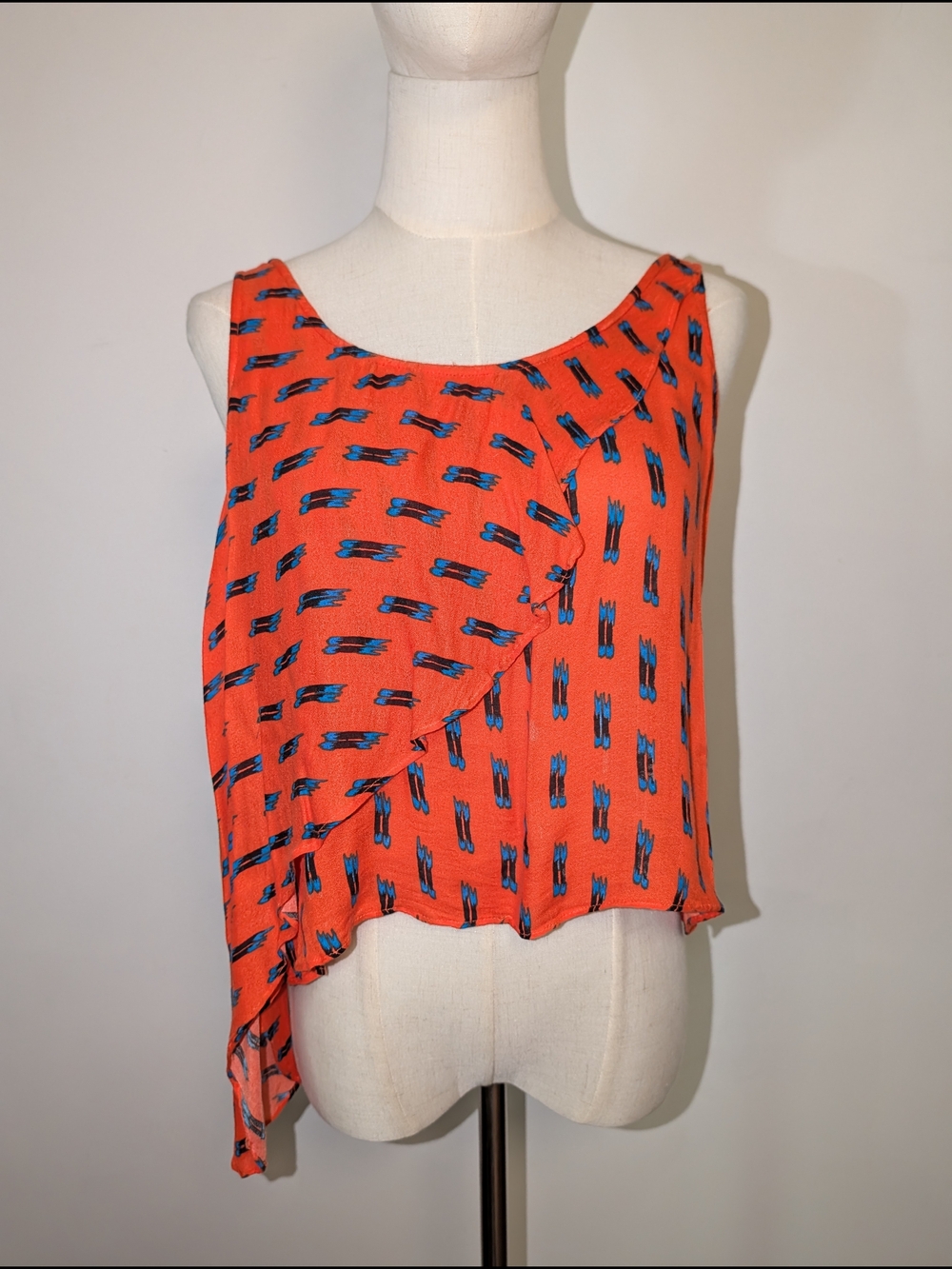2010s Red Printed Asymmetrical Ruffle Cami with Blue Motif